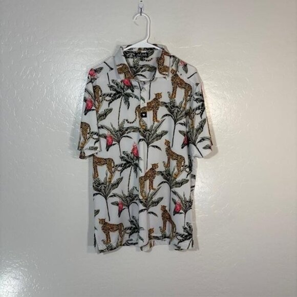 Bad Birdie Polo Shirt Mens Large White Tropical Leopard Parrot Golf Performance - Picture 1 of 7